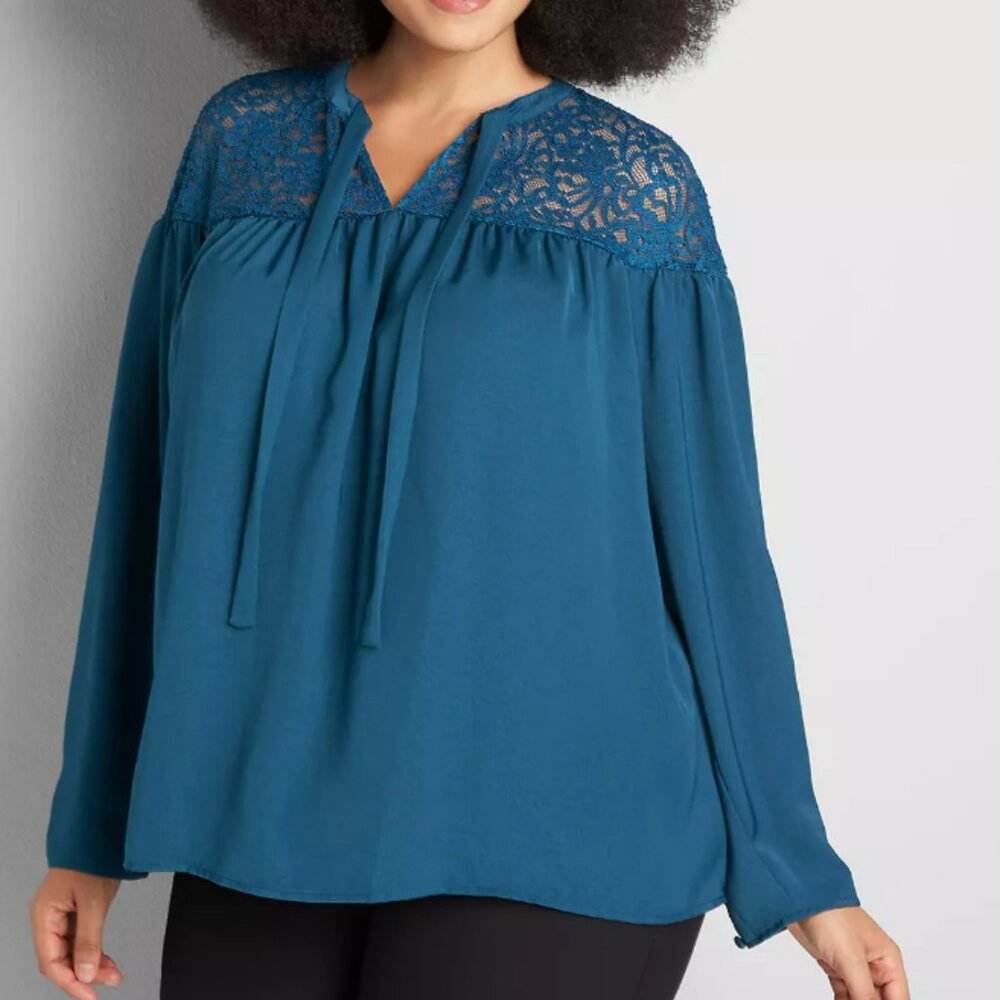 Lane Bryant Blue Knit Tunic Top Women 3X Stretch Crochet Boho Bell Sleeve V Neck
